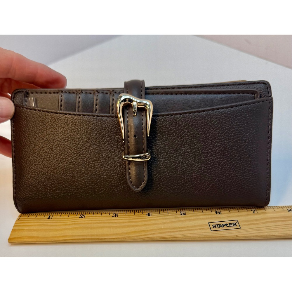Anne Klein Buckle Snap Closure Wallet Brown Faux Leather Card Slots Zip Pocket - Picture 8 of 12